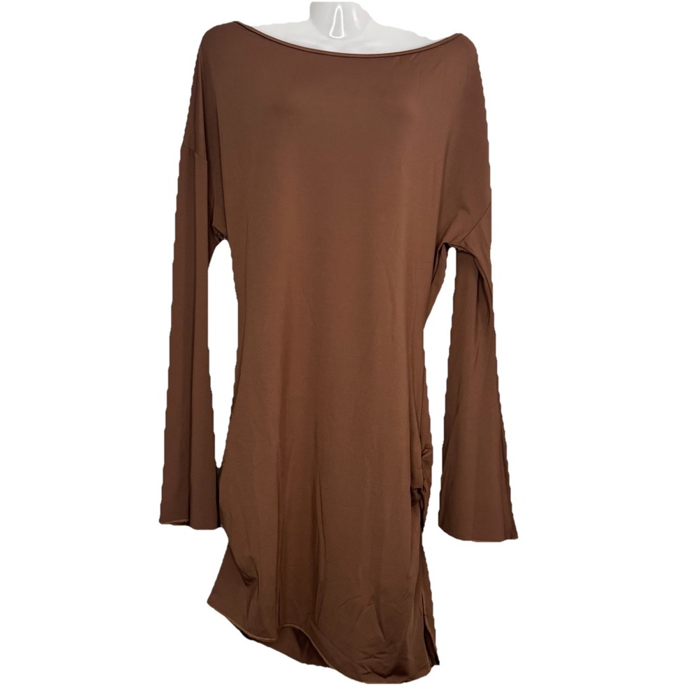 Women's Stretch Dress Tan Size L Knee Length Bell Sleeves 70's Boho Body con